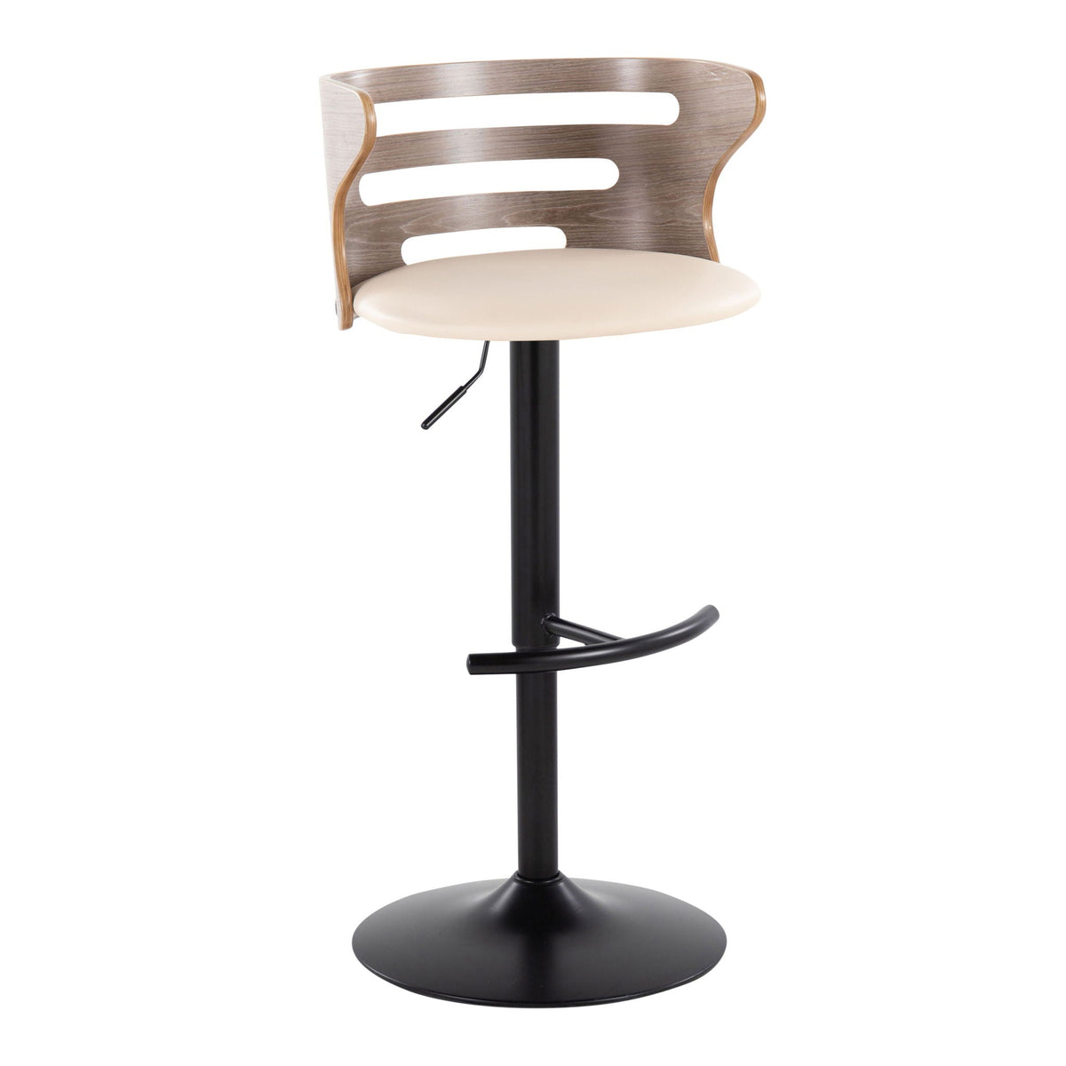 Mid-Century adjustable barstool with swivel, beige seat, curved wood back, rounded footrest on Tampa Home & Garden Store
