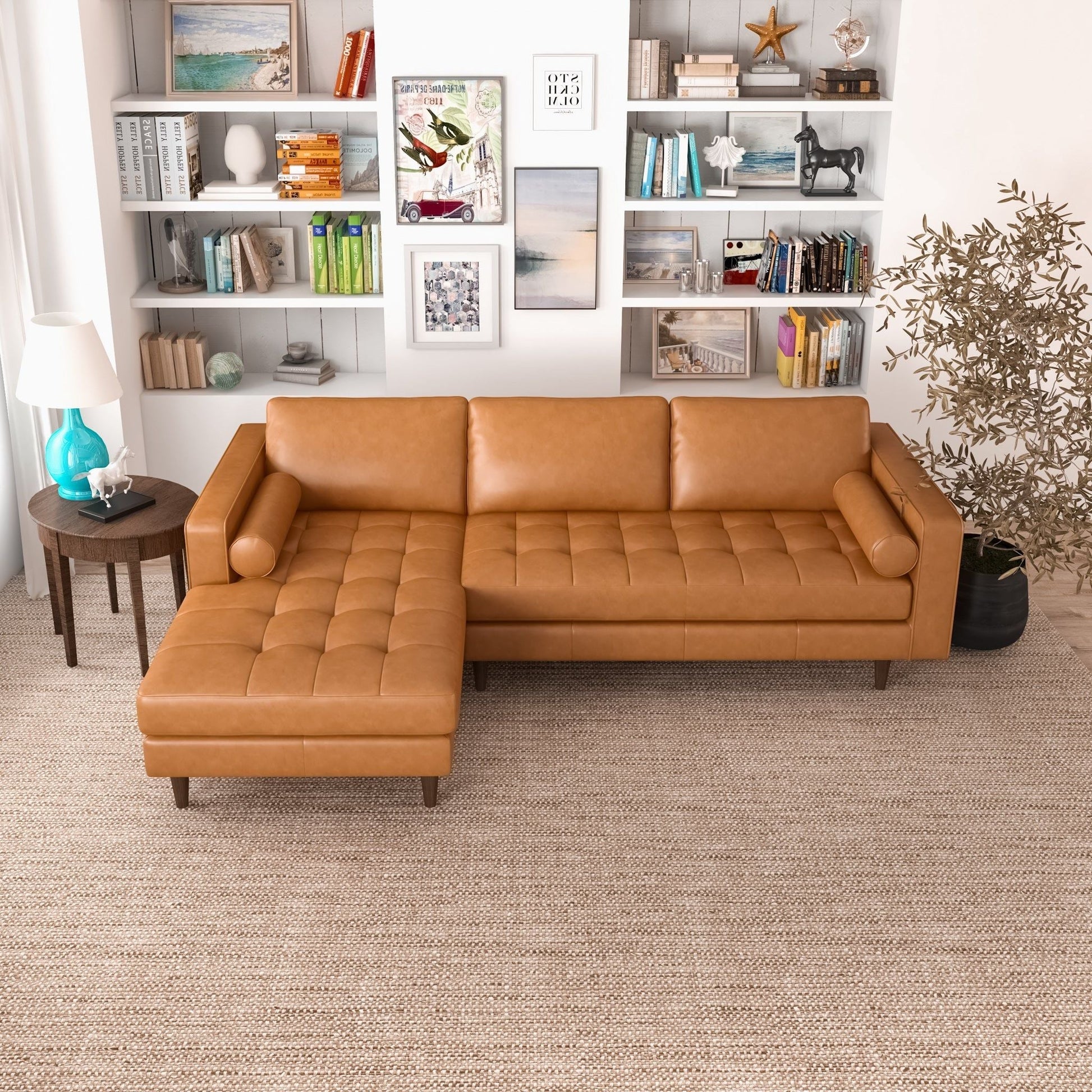 Anthony corner sectional sofa by HouseOfZazla in tan leather with tufted cushions on Tampa Home & Garden Store