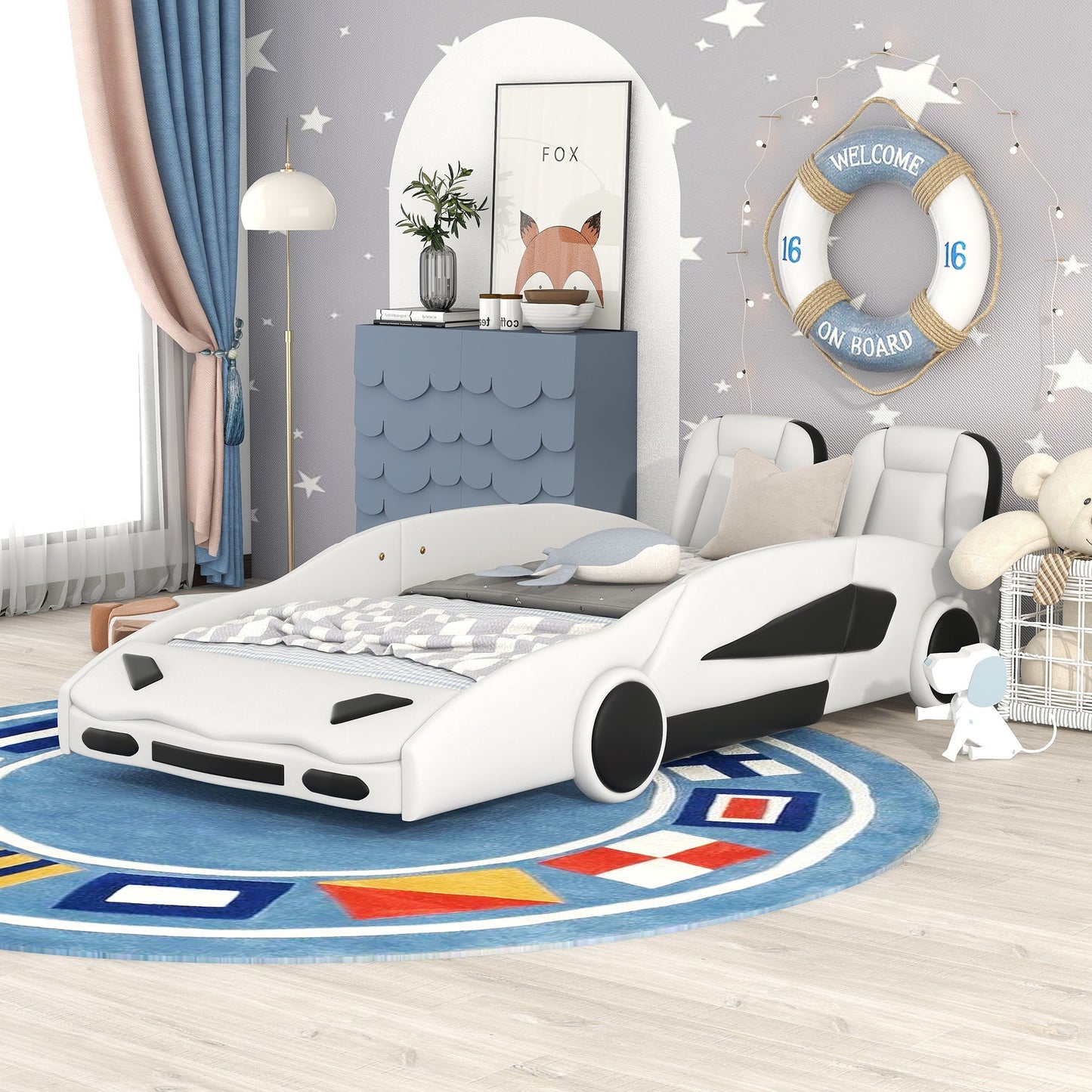Race car twin platform bed with wheels, white and black pine wood construction HouseOfZazla on Tampa Home & Garden Store