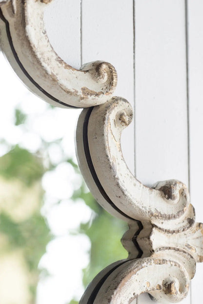 Artistic Diamond Scrollwork Mirror wall accent with antique white distressed frame on Tampa Home & Garden Store