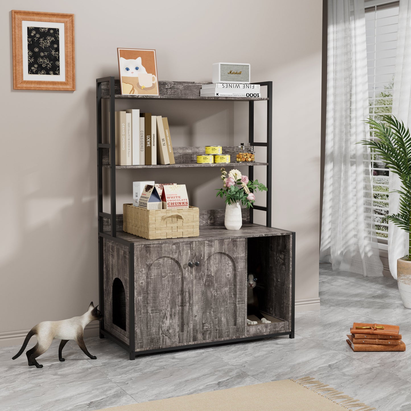 HouseOfZazla large cat litter box enclosure cabinet with shelf storage cats peeking on Tampa Home & Garden Store