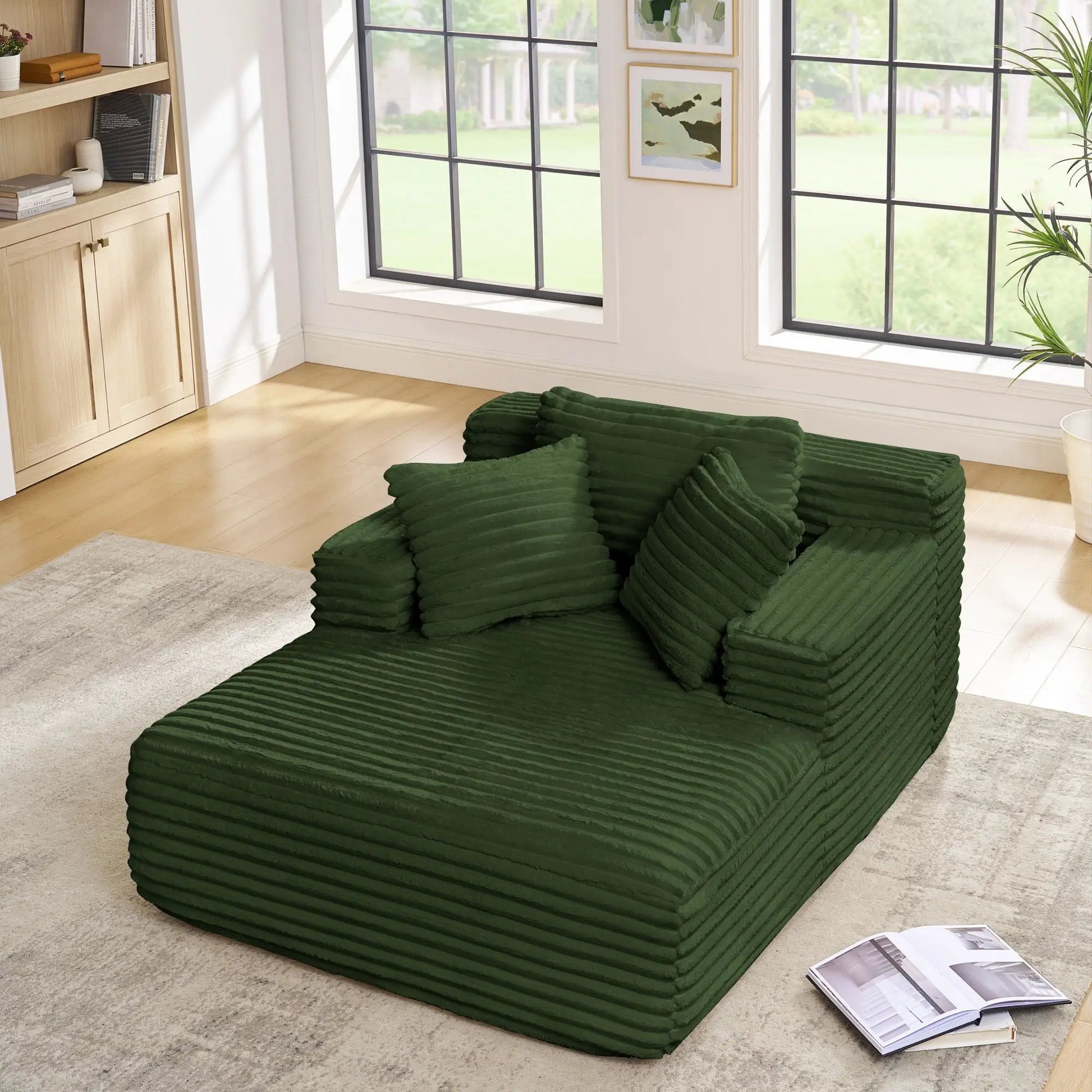 Chaise lounge sofa bed with deep green ribbed cushions, modular design by Unique Piece Furniture on Tampa Home & Garden Store