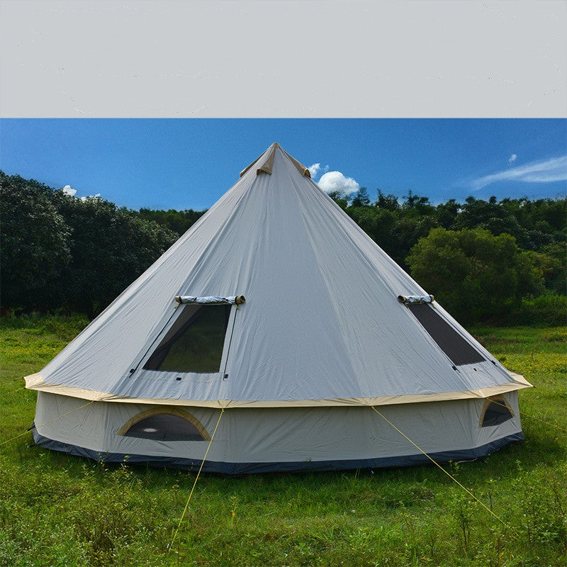 Cream pyramid yurt tent for outdoor camping with mesh windows and apex vent on grassy field on Tampa Home & Garden Store