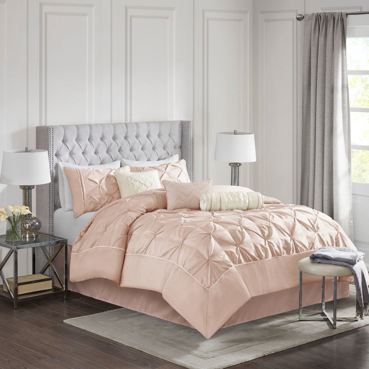 7 Piece Tufted Comforter Set Blush King blush pink quilted bedding on a gray tufted headboard bed on Tampa Home & Garden Store