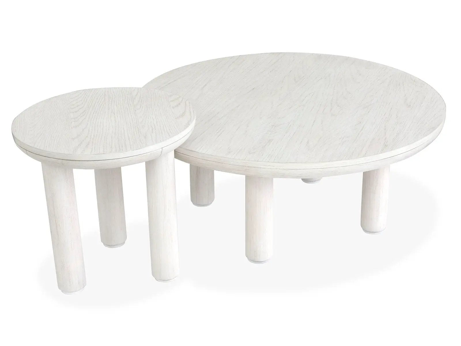 Sunset Cove nesting cocktail tables set of 2 in whitewash wood round tops and cylindrical legs on Tampa Home & Garden Store