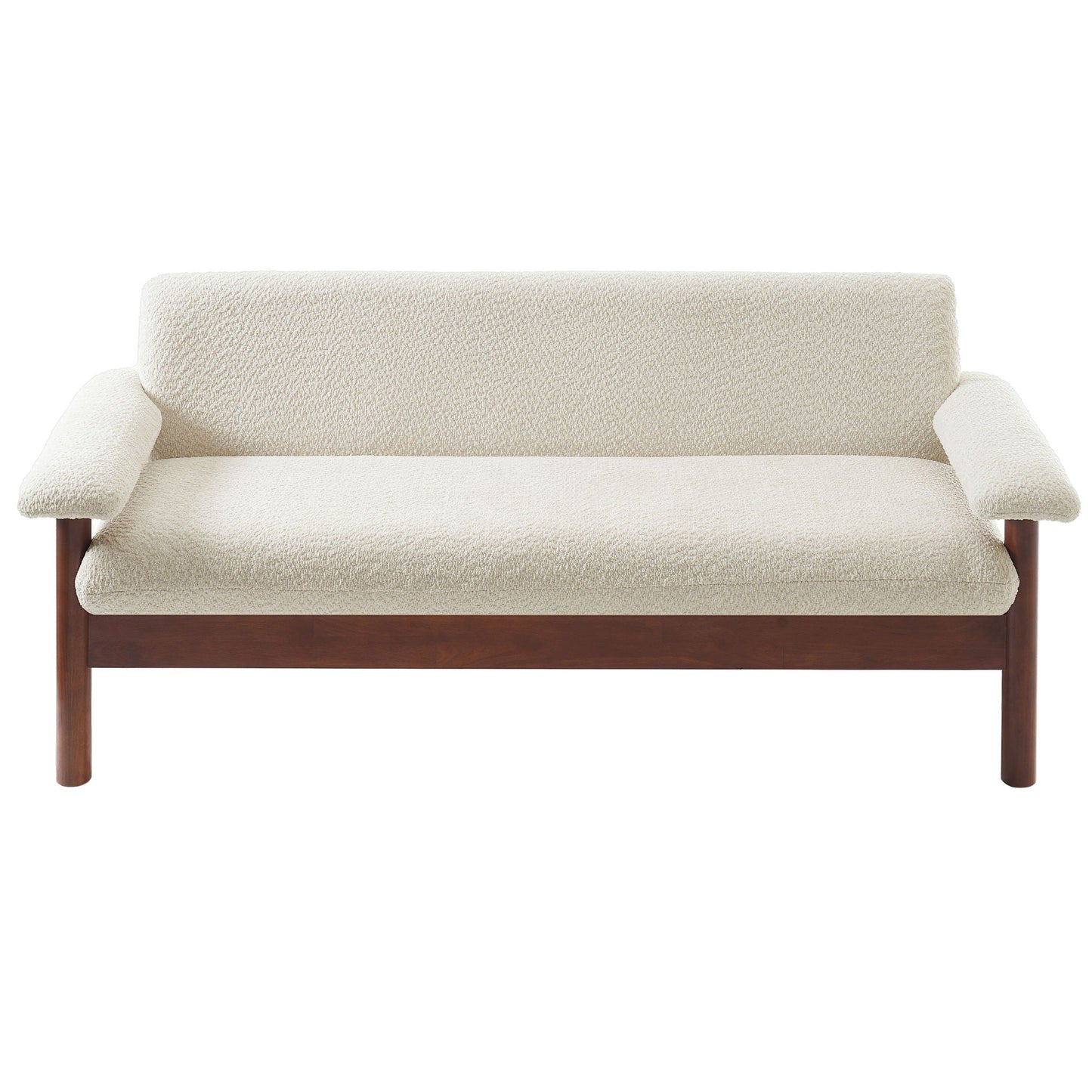 Loveseat sofa 2 seater in cream boucle fabric with wooden legs stationary on Tampa Home & Garden Store
