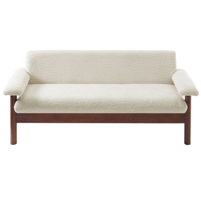 Loveseat sofa 2 seater in cream boucle fabric with wooden legs stationary on Tampa Home & Garden Store