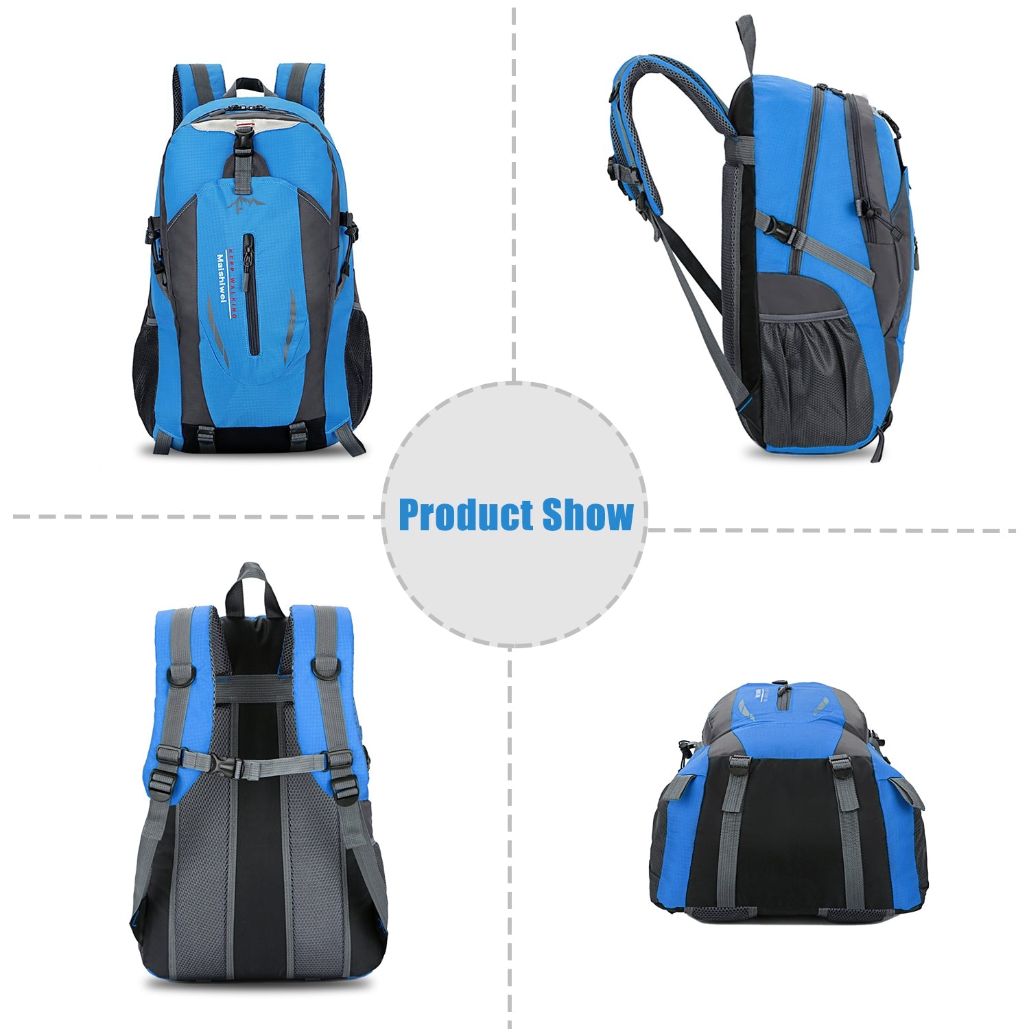 GemGear 36L Waterproof Outdoor Backpack shown in 4 views front side back bottom blue gray hiking pack on Tampa Home & Garden Store