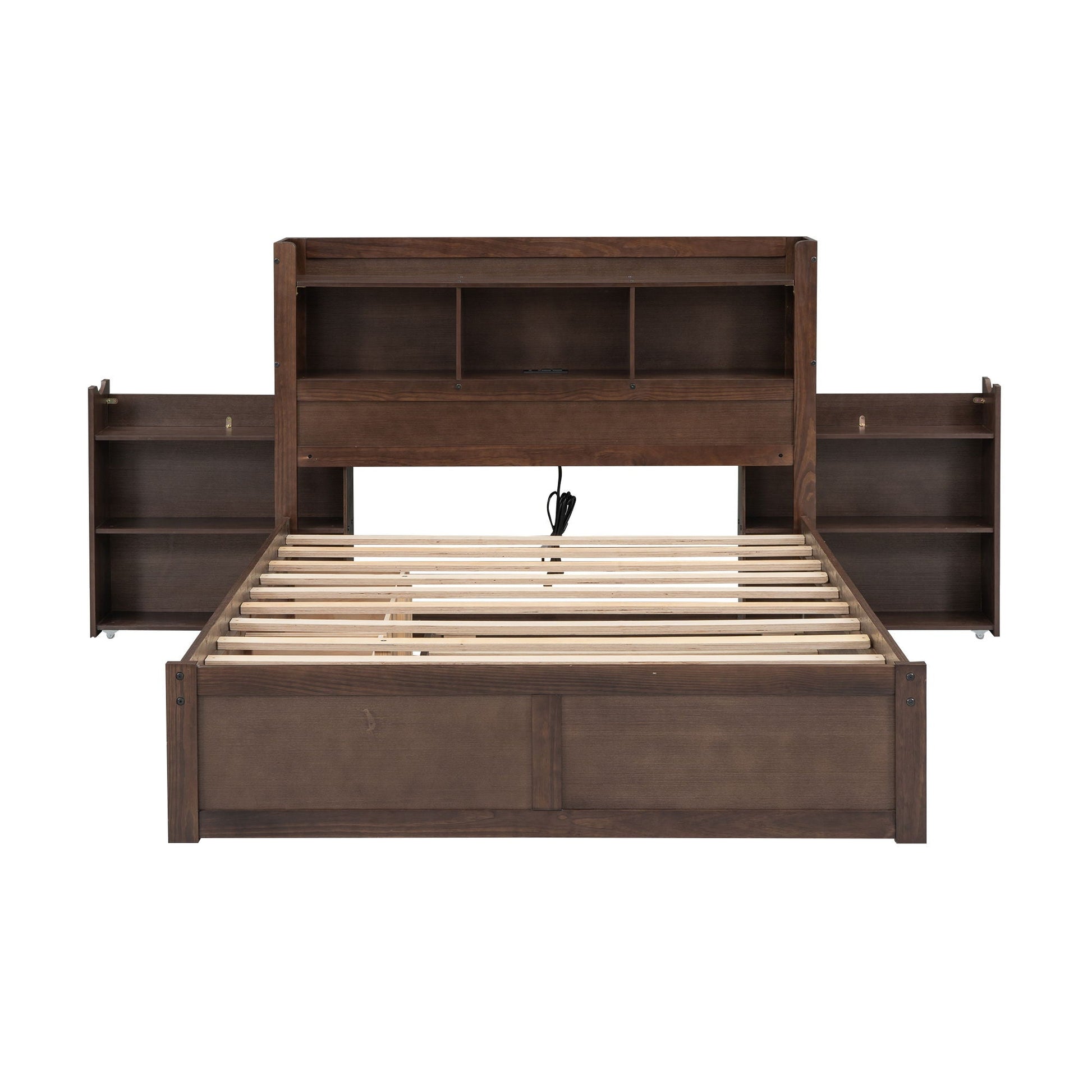 Storage platform bed with pull-out shelves, trundle and two drawers in dark brown wood on Tampa Home & Garden Store