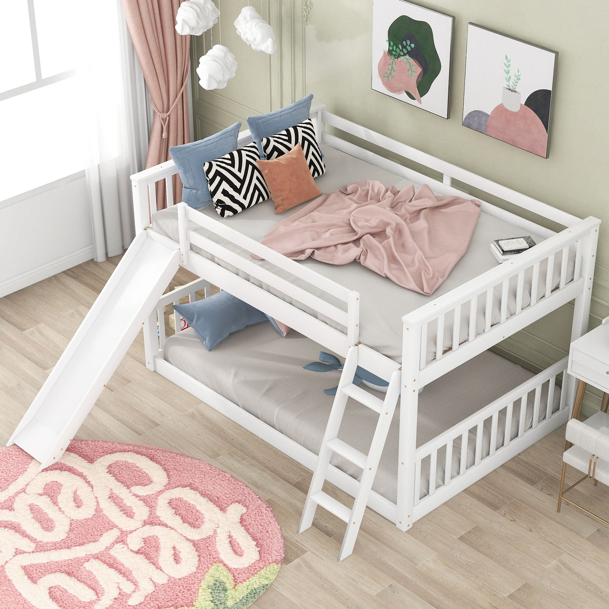 Bunk bed with convertible slide and ladder, white frame, grey mattresses by HouseOfZazla on Tampa Home & Garden Store