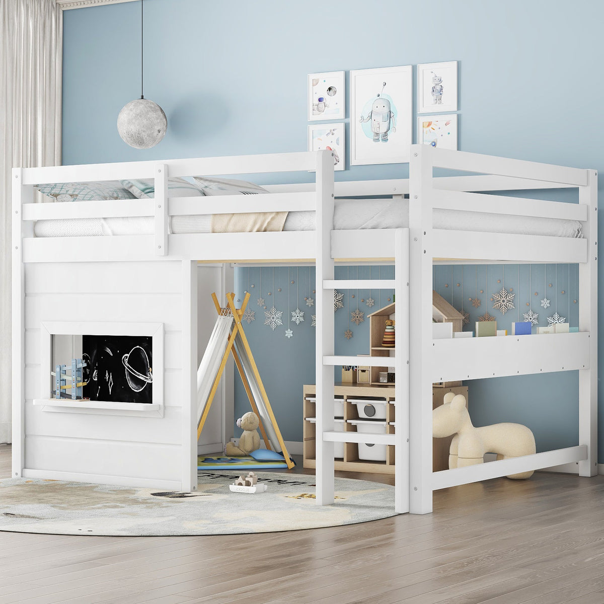 Full size loft bed with sliding chalkboard and bookshelf, white frame by HouseOfZazla on Tampa Home & Garden Store