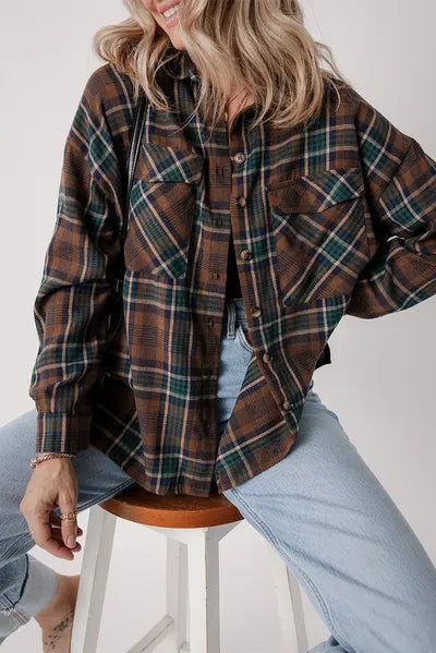 Stevvex women's plaid button-up jacket brown-green cotton-blend lightweight outerwear on Tampa Home & Garden Store