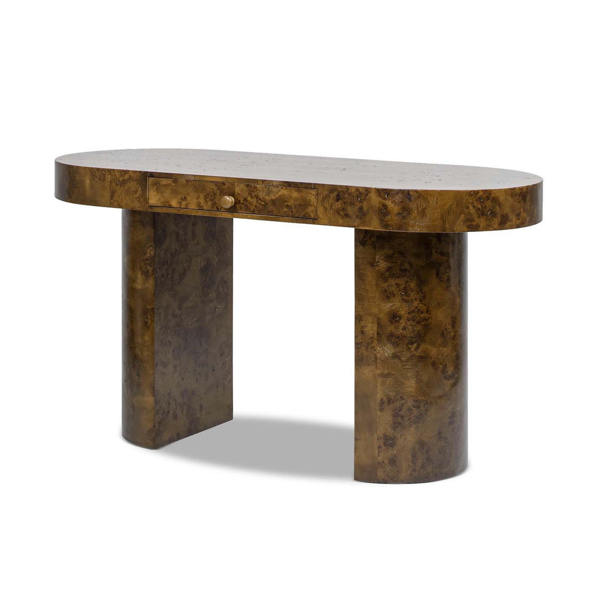 Oval burl wood veneer computer desk with a single centered drawer and two cylindrical legs on Tampa Home & Garden Store