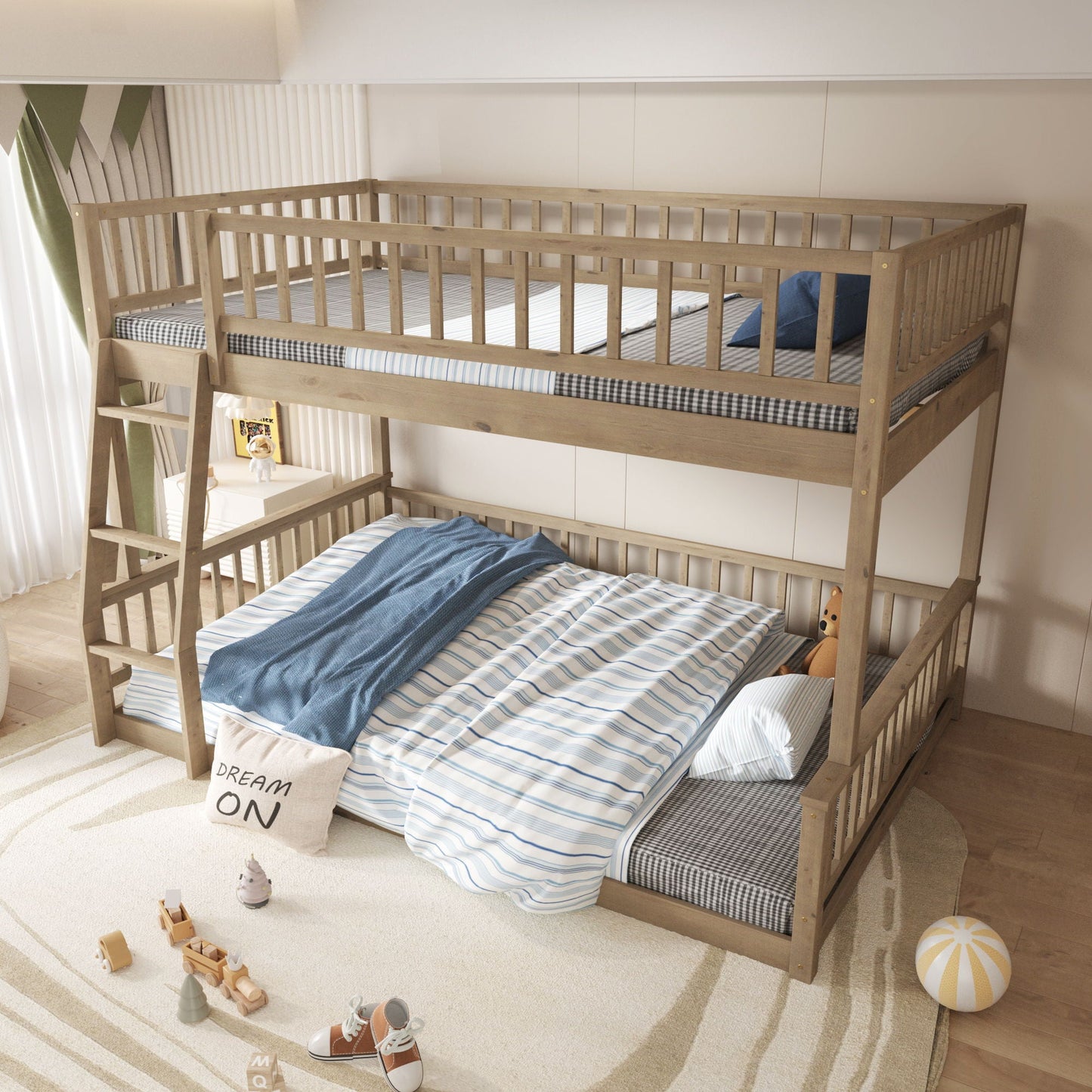 Bunk bed with ladder and guardrails by HouseOfZazla in natural wood finish, twin bunk setup on Tampa Home & Garden Store