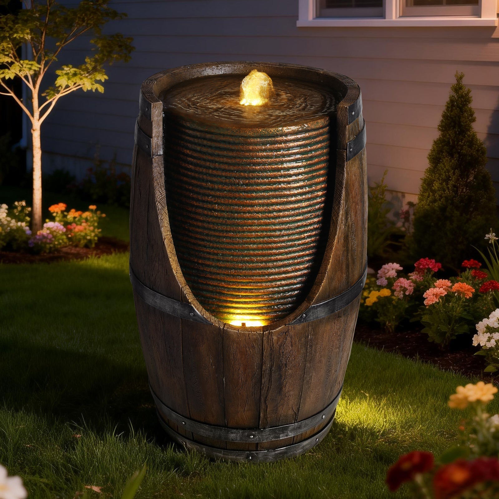 Outdoor barrel water fountain in rustic wood-look resin with metal bands HouseOfZazla on Tampa Home & Garden Store