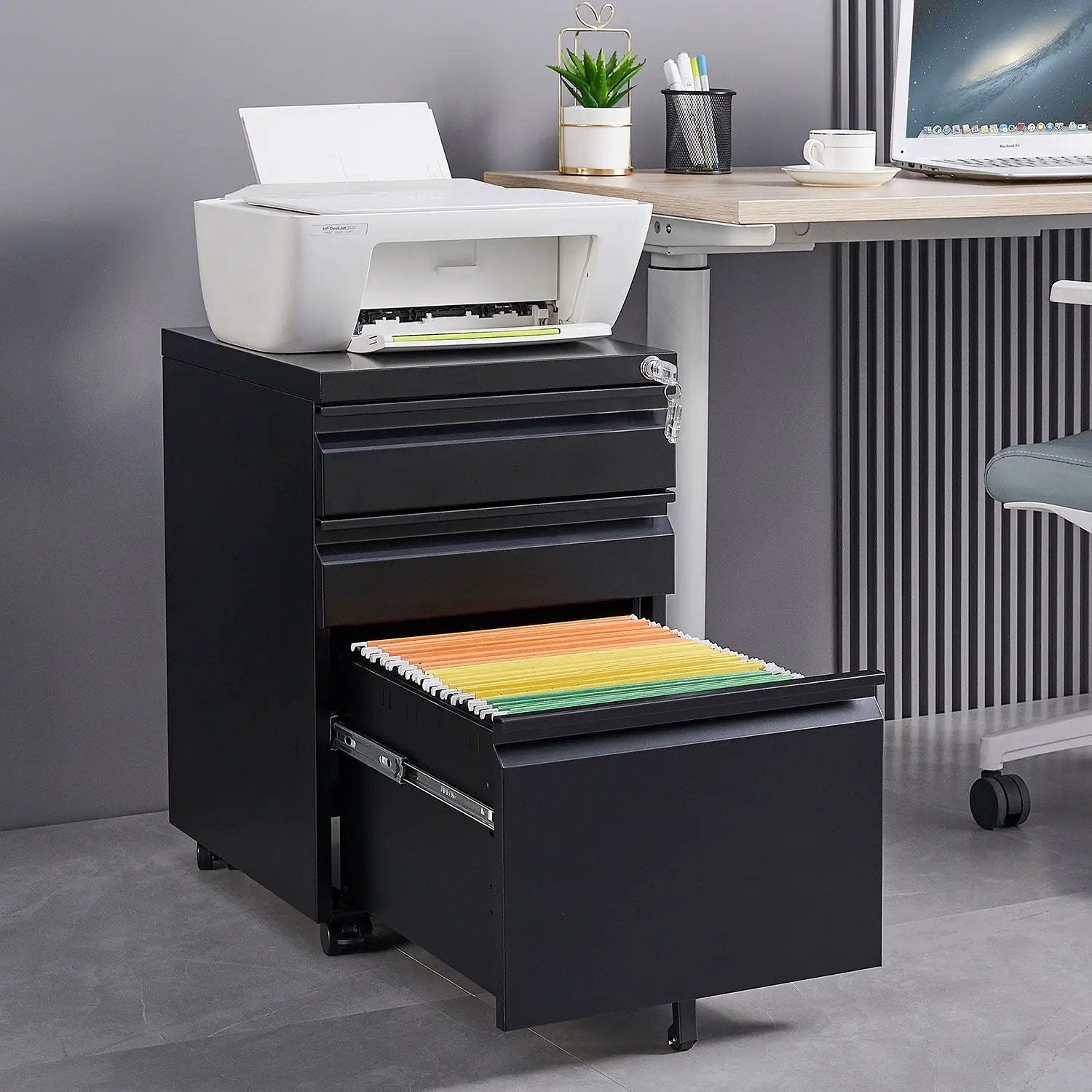 Contemporary 3-drawer mobile filing cabinet with lock, black metal, casters, legal/letter size on Tampa Home & Garden Store