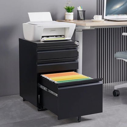 Contemporary 3-drawer mobile filing cabinet with lock, black metal, casters, legal/letter size on Tampa Home & Garden Store