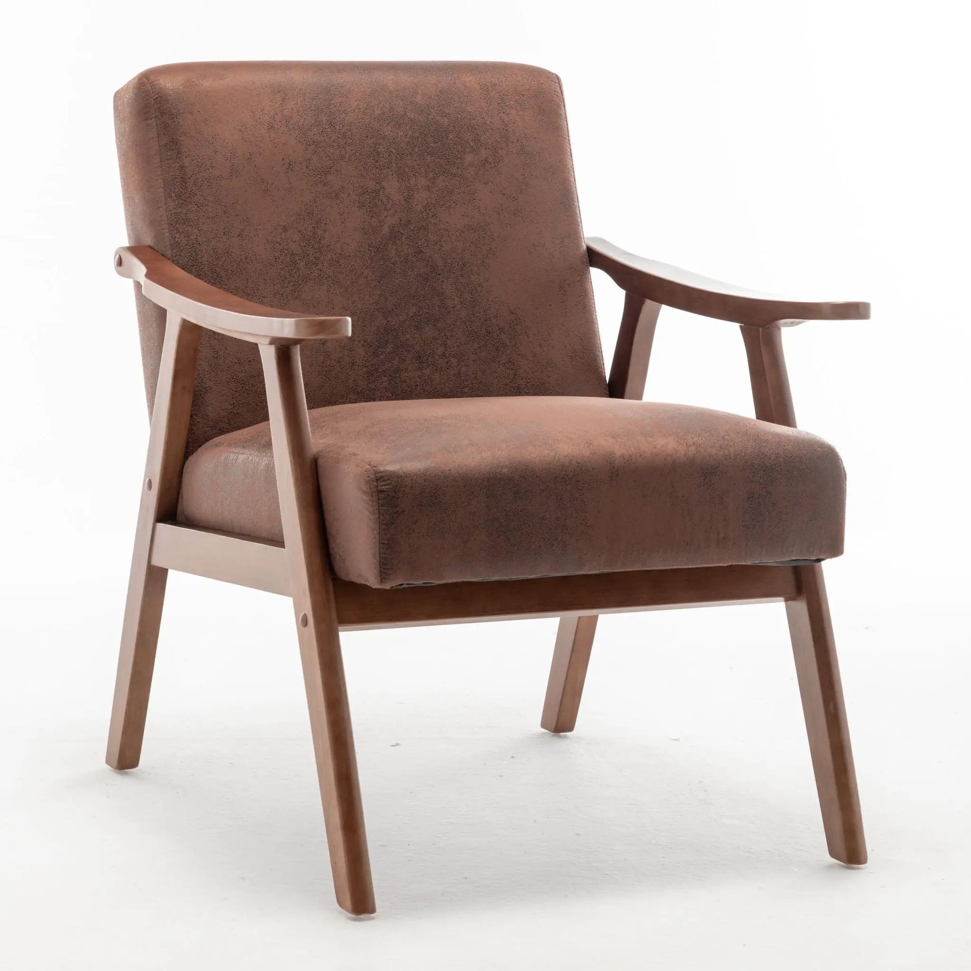 Mid Century Modern Accent Chair with solid wood frame and thick back, brown faux leather on Tampa Home & Garden Store