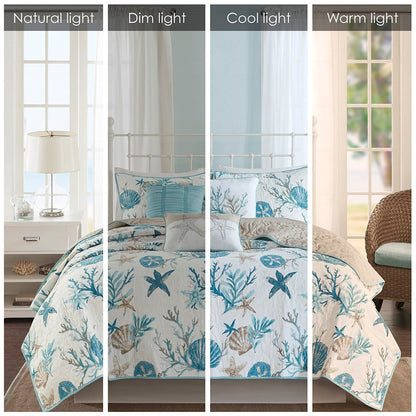 Aqua Cotton Sateen Quilt Set with Coastal Motifs 6-piece Full/Queen bedding on Tampa Home & Garden Store