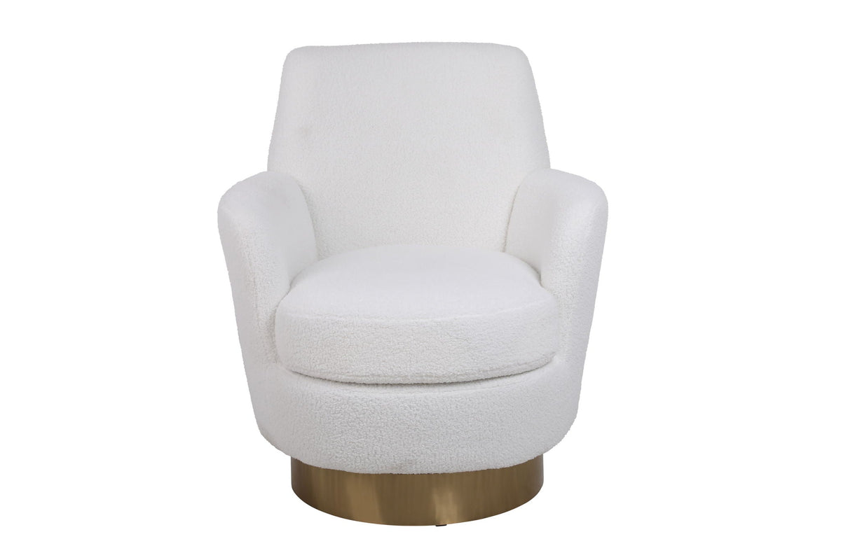 White teddy swivel barrel chair in bouclé fabric with brass base for living room on Tampa Home & Garden Store