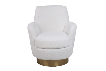 White teddy swivel barrel chair in bouclé fabric with brass base for living room on Tampa Home & Garden Store
