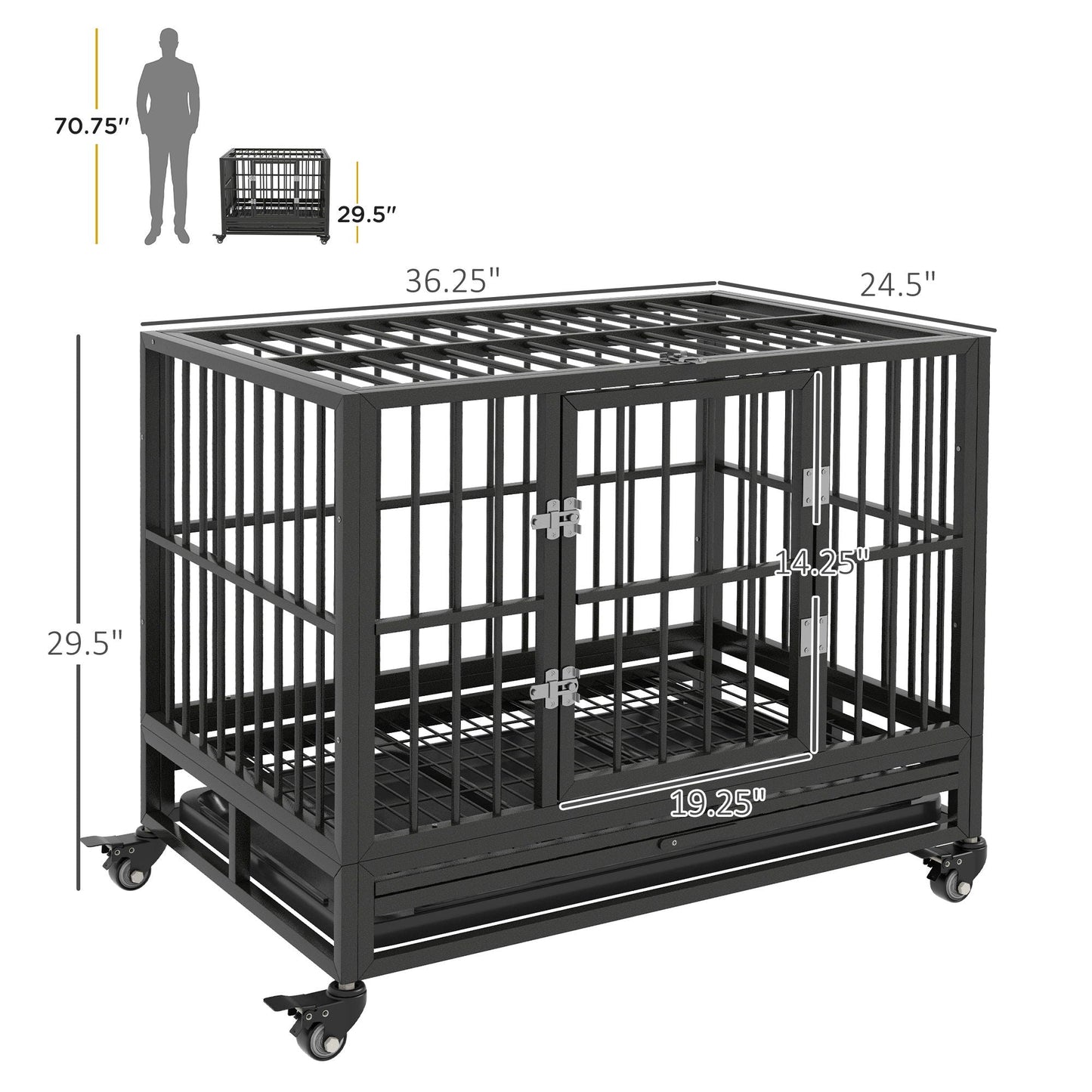 Pawhut 36in heavy-duty metal dog crate with lockable wheels, double doors, removable tray gray on Tampa Home & Garden Store