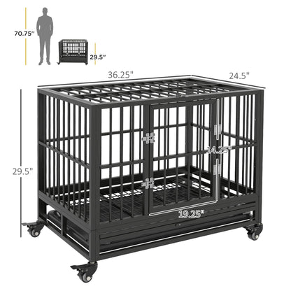 Pawhut 36in heavy-duty metal dog crate with lockable wheels, double doors, removable tray gray on Tampa Home & Garden Store