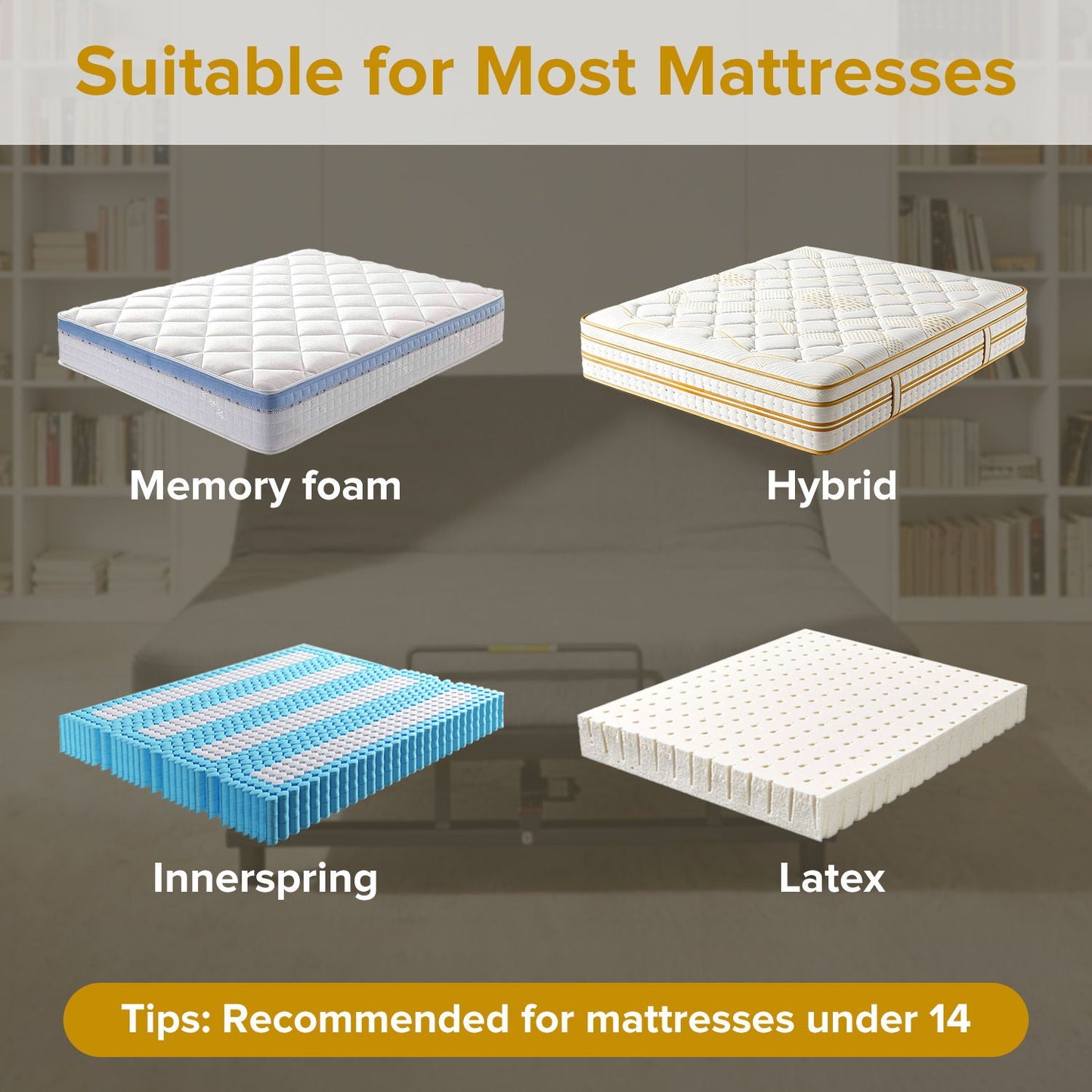 Adjustable bed base frame collage showing memory foam, innerspring, latex, and hybrid mattresses on Tampa Home & Garden Store