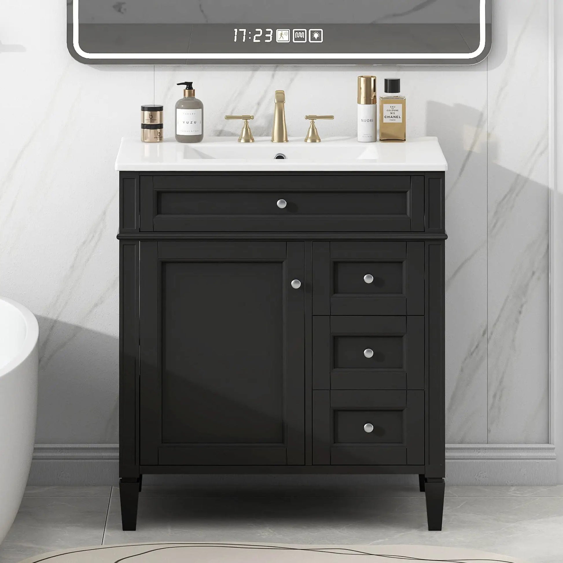 Bathroom vanity with top sink, black cabinet, gold hardware, 2 drawers and tip-out drawer on Tampa Home & Garden Store