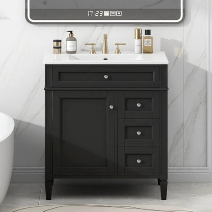 Bathroom vanity with top sink, black cabinet, gold hardware, 2 drawers and tip-out drawer on Tampa Home & Garden Store