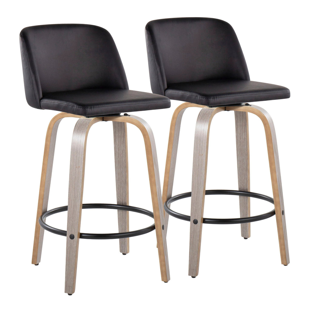 Toriano Contemporary Counter Stool set of 2, black faux leather seats with curved wood legs on Tampa Home & Garden Store