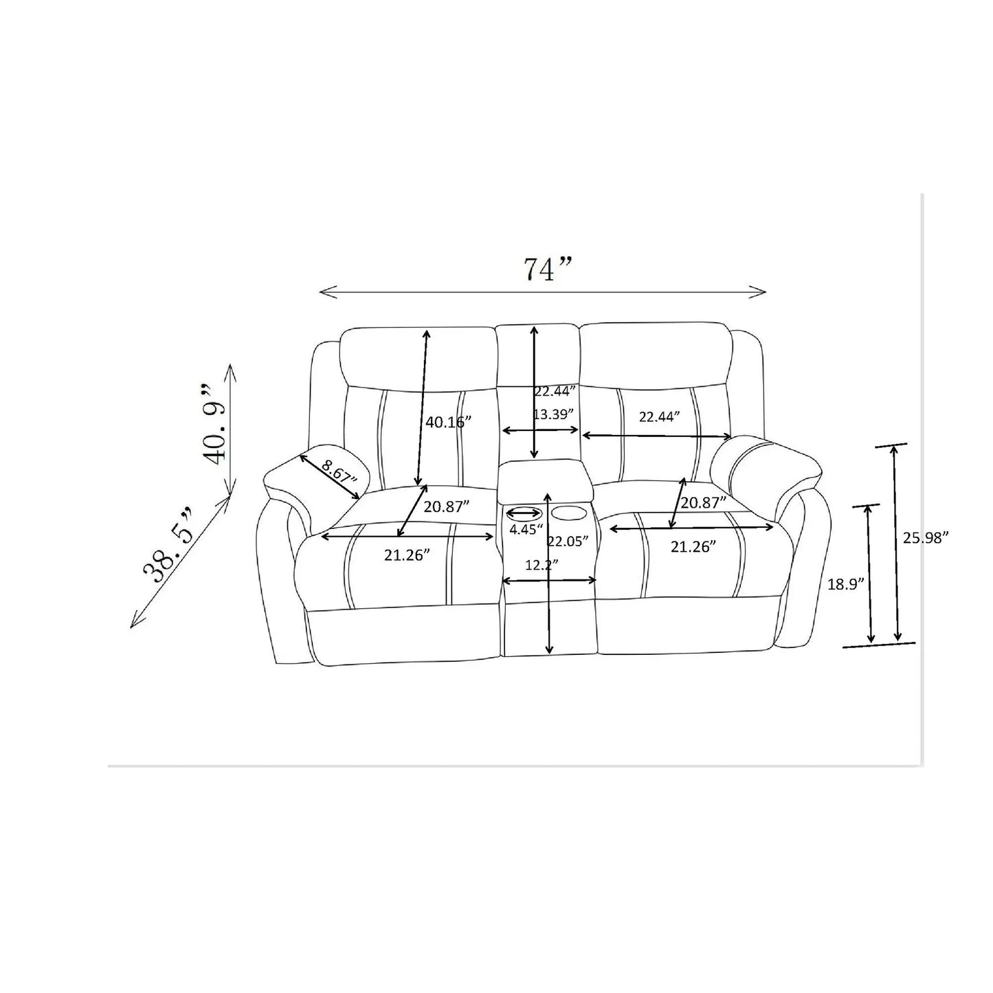 Sonet Domino Recliner Loveseat schematic with dimensions Unique Piece Furniture on Tampa Home & Garden Store