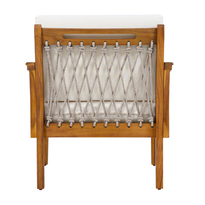 Outdoor Acacia Wood Club Chair with handwoven rope back, teak finish, white cushion on Tampa Home & Garden Store