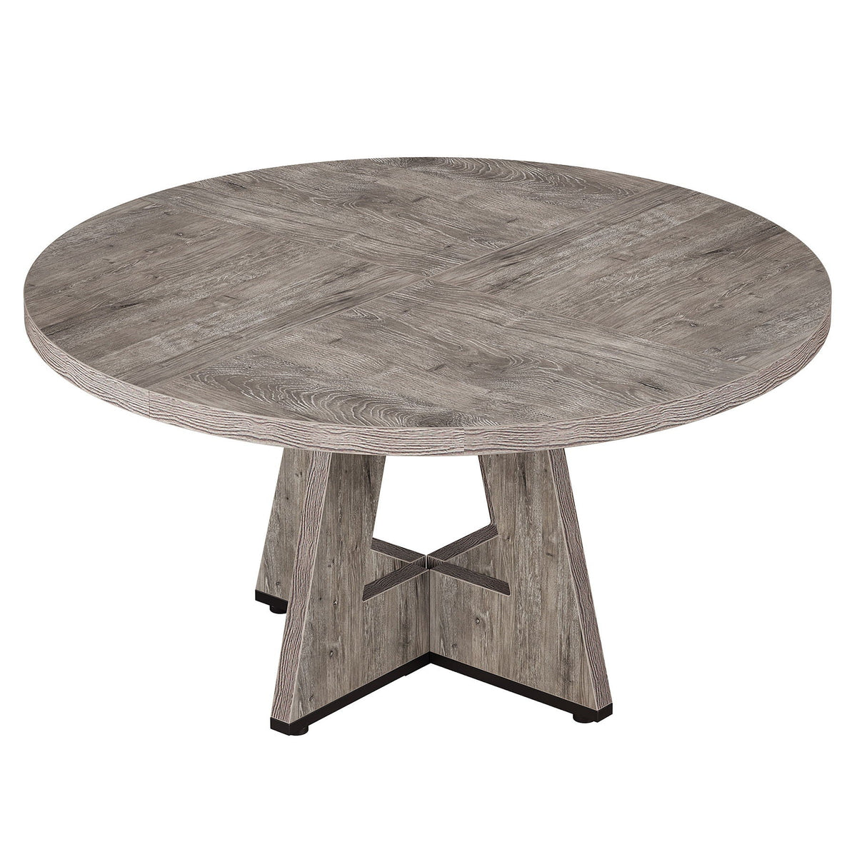 Round Dining Table by HouseOfZazla in weathered gray wood with a cross base on Tampa Home & Garden Store