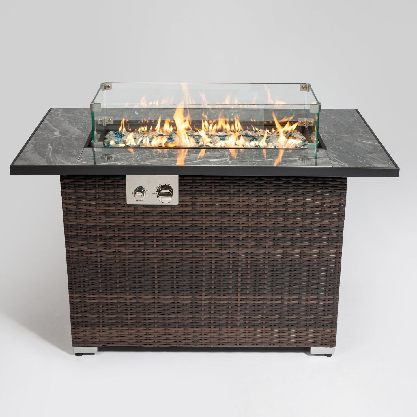 Fire Pit Table 44-inch propane with tile top, glass wind guard, wicker base by HouseOfZazla on Tampa Home & Garden Store