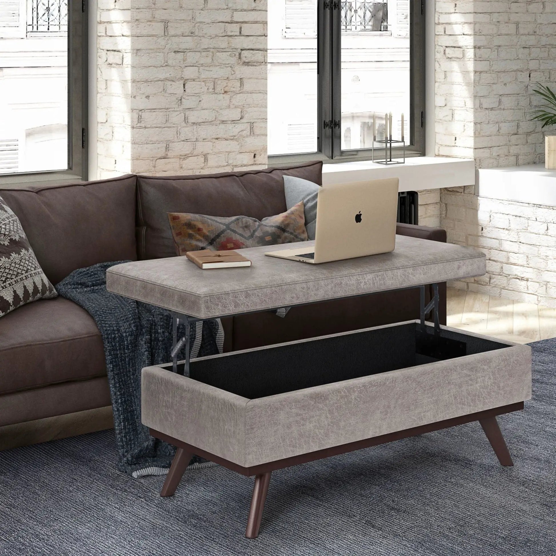 Owen lift-top coffee table storage ottoman gray fabric brown mid-century legs lid lifts to store on Tampa Home & Garden Store
