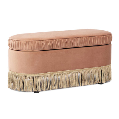 Serena Oval Peach Fabric Storage Bench Ottoman with gold fringe by HouseOfZazla on Tampa Home & Garden Store