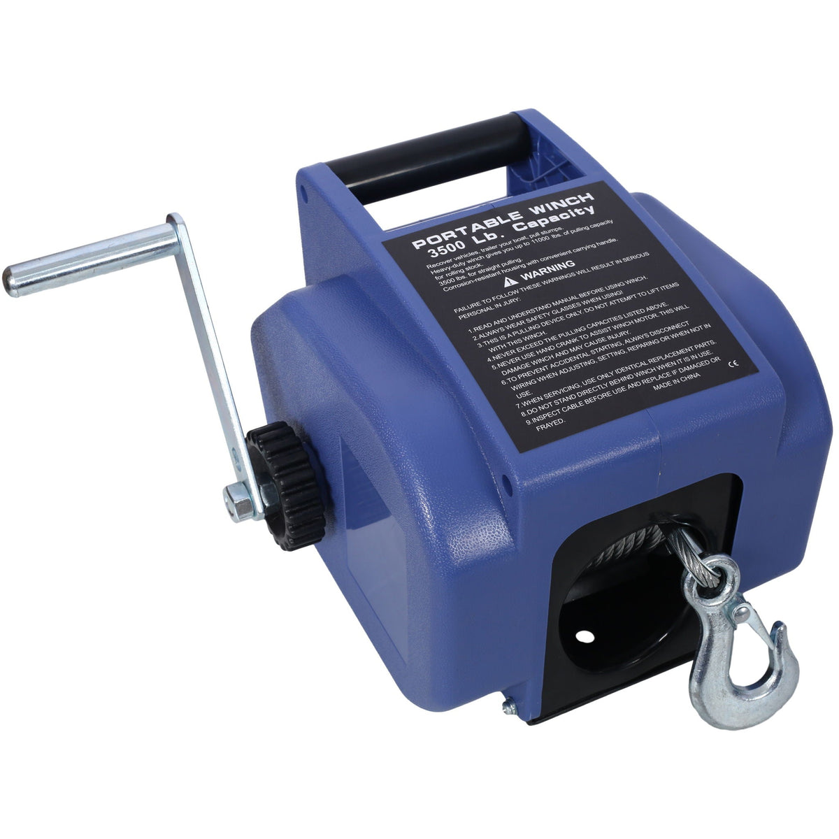 Blue reversible electric 12V trailer winch with galvanized wire rope and hook on Tampa Home & Garden Store