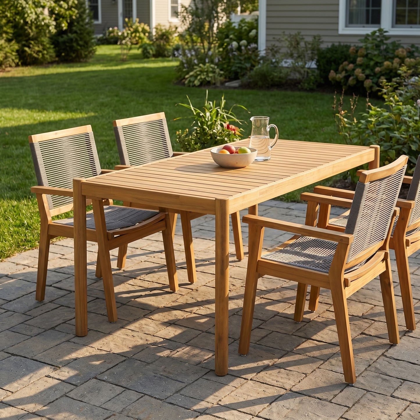 Acacia Wood Outdoor Dining Set and Grey Chairs