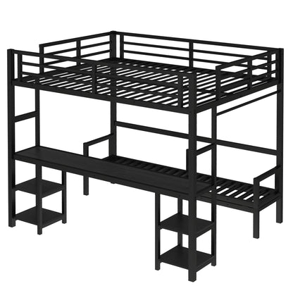 Queen over Twin XL metal bunk bed frame with desk and shelves in black by HouseOfZazla on Tampa Home & Garden Store