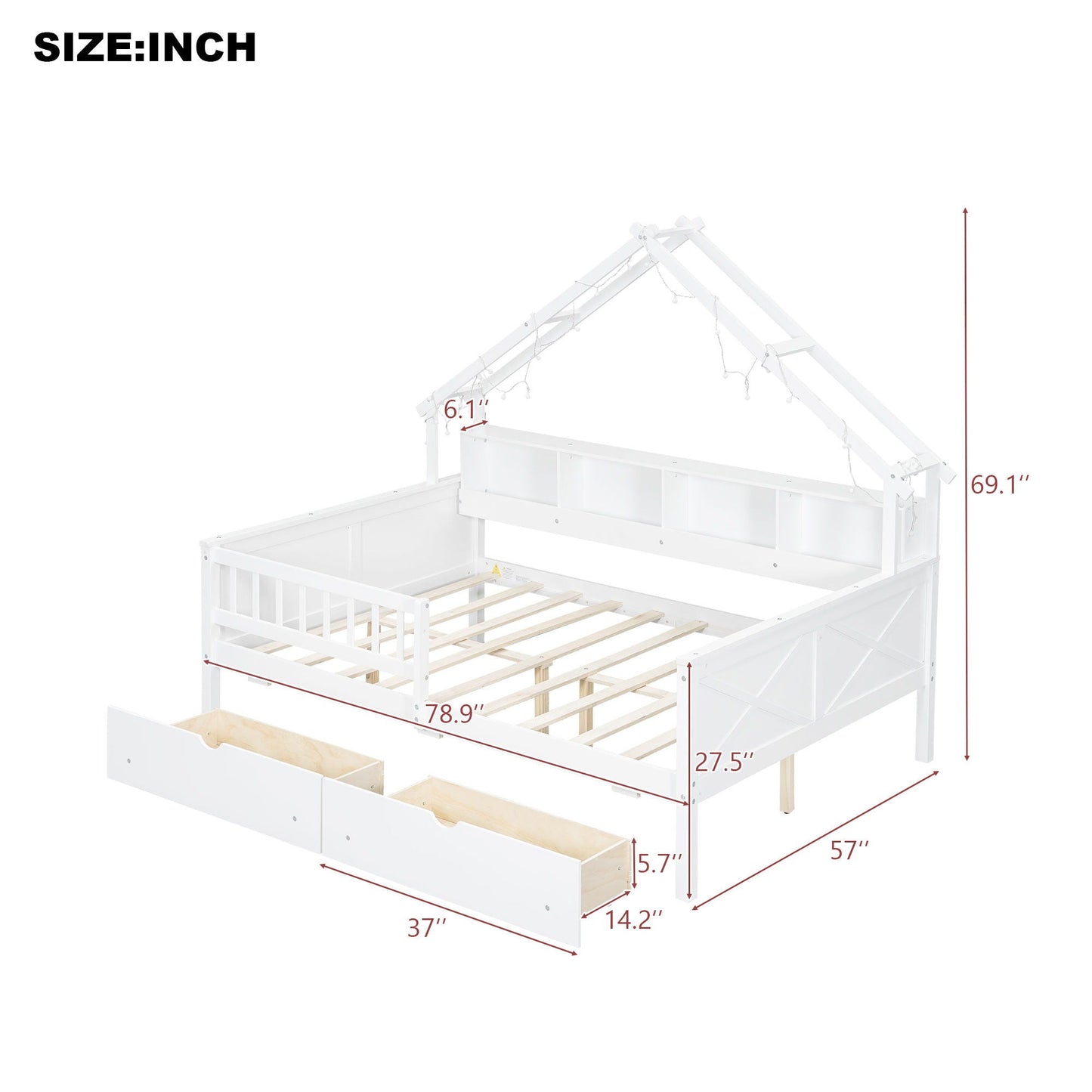 House Style Platform Bed with LED lights, white finish, guardrail and drawers HouseOfZazla on Tampa Home & Garden Store