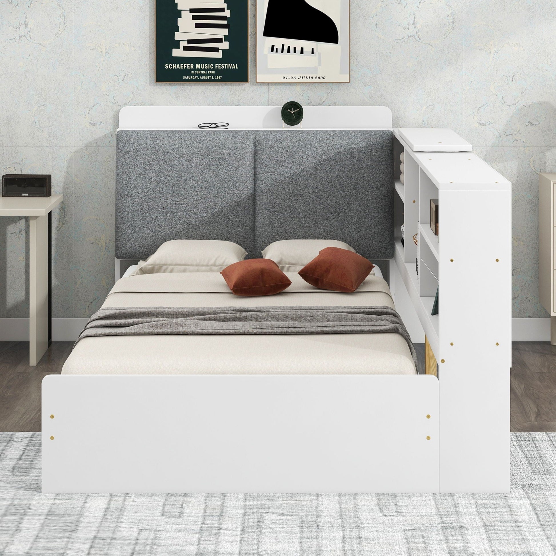 Platform bed with storage headboard and shelves, white frame and gray upholstered panels, HouseOfZazla storage bed on Tampa Home & Garden Store