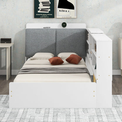 Platform bed with storage headboard and shelves, white frame and gray upholstered panels, HouseOfZazla storage bed on Tampa Home & Garden Store