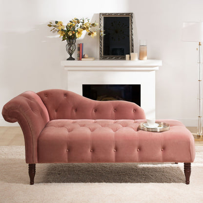 Tufted roll-arm chaise lounge in pink velvet with premium foam dark wood legs on Tampa Home & Garden Store