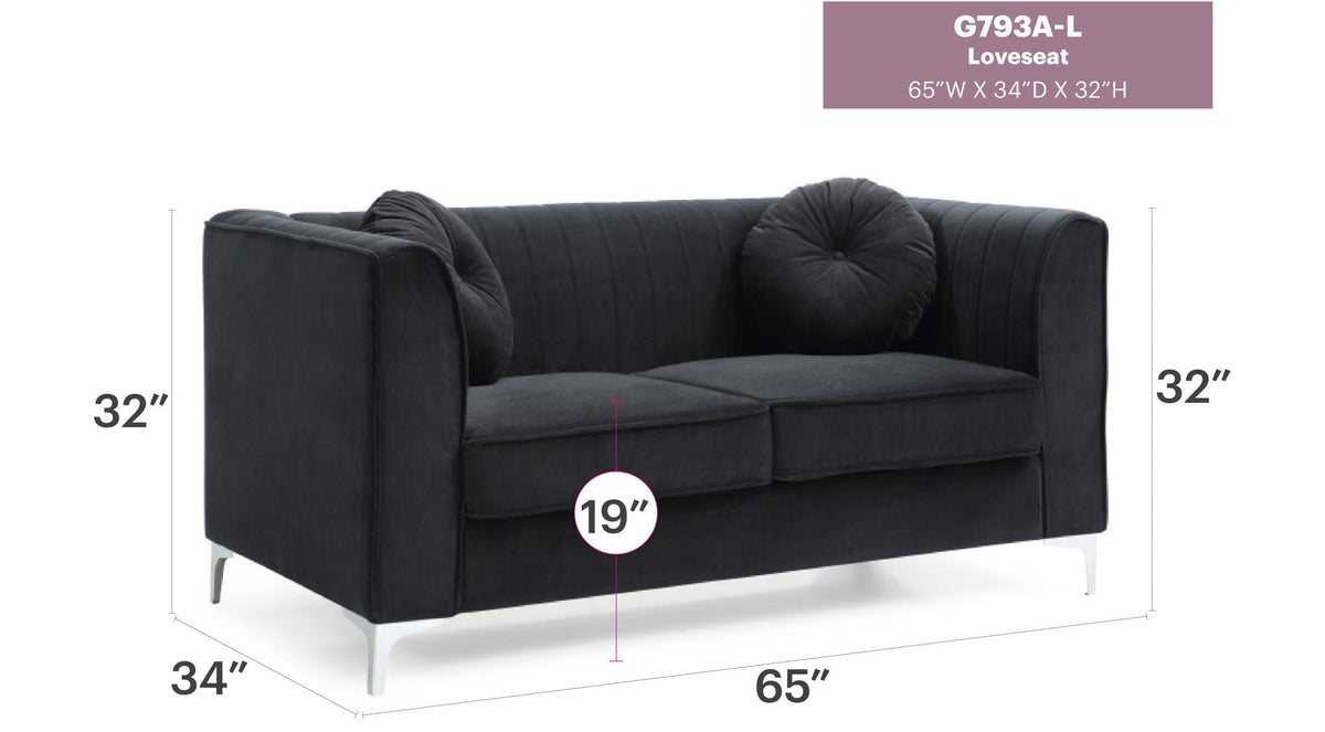 Glam Styled Micro Suede Loveseat in black with channel quilting 2 round cushions HouseOfZazla on Tampa Home & Garden Store