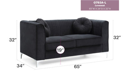 Glam Styled Micro Suede Loveseat in black with channel quilting 2 round cushions HouseOfZazla on Tampa Home & Garden Store