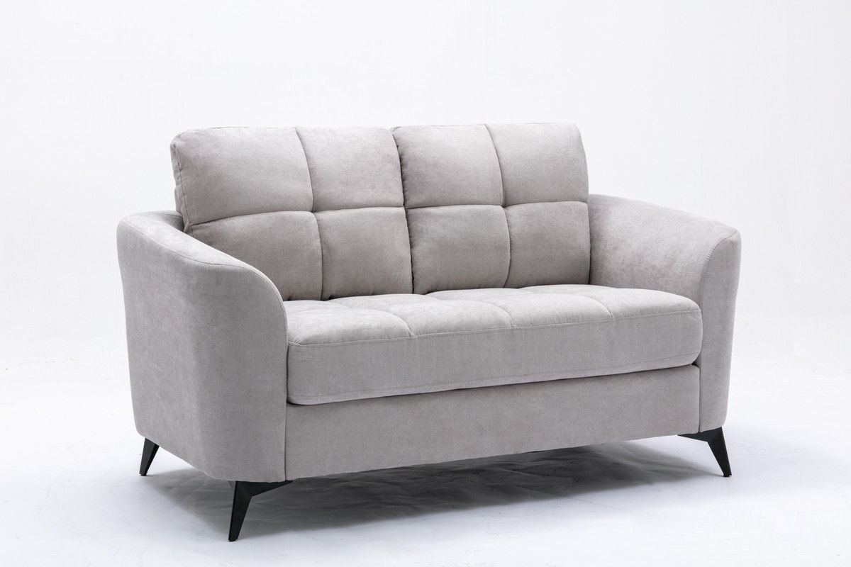 Woven fabric loveseat with tufted cushions in gray, supported by angled metal legs on Tampa Home & Garden Store