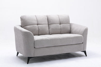 Woven fabric loveseat with tufted cushions in gray, supported by angled metal legs on Tampa Home & Garden Store