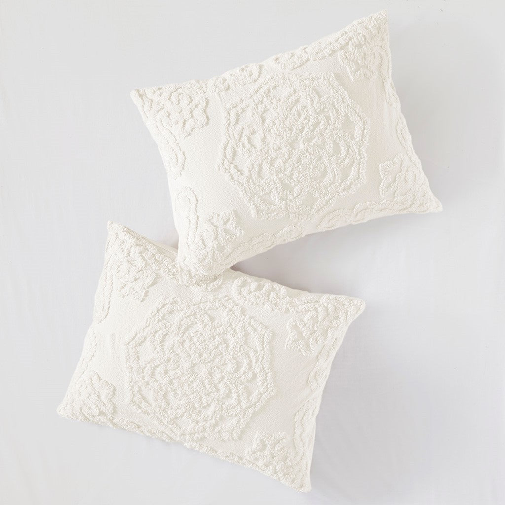 Tufted Cotton Chenille Medallion Fringe Coverlet Mini Set - Off-White, two pillows on Tampa Home & Garden Store