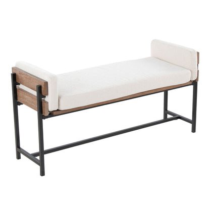 Upholstered farmhouse bench beige fabric with wood panel accents by HouseOfZazla on Tampa Home & Garden Store